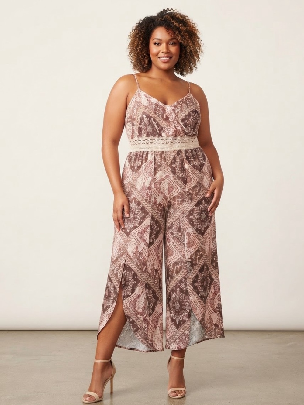 Faded Rose Spaghetti Strap Floral Paisley Print Jumpsuit